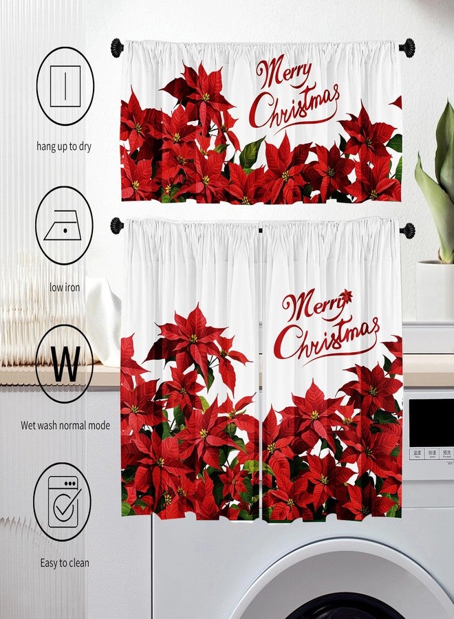 SUNWISHA Christmas Poinsettia Curtain Valances Set Upper Curtain 52'' Lx18'' W & Lower 36'' L x 26'' W x2 Merry Christmas Romantic Flowers - Kitchen/Bedroom Decor Red - Image 4